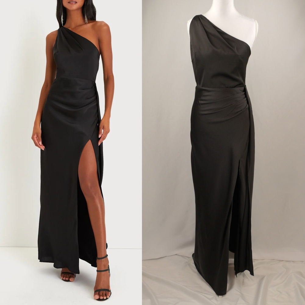 Lulu's Signature Elegance One-Shoulder Satin Maxi Dress Gown, Black, Small